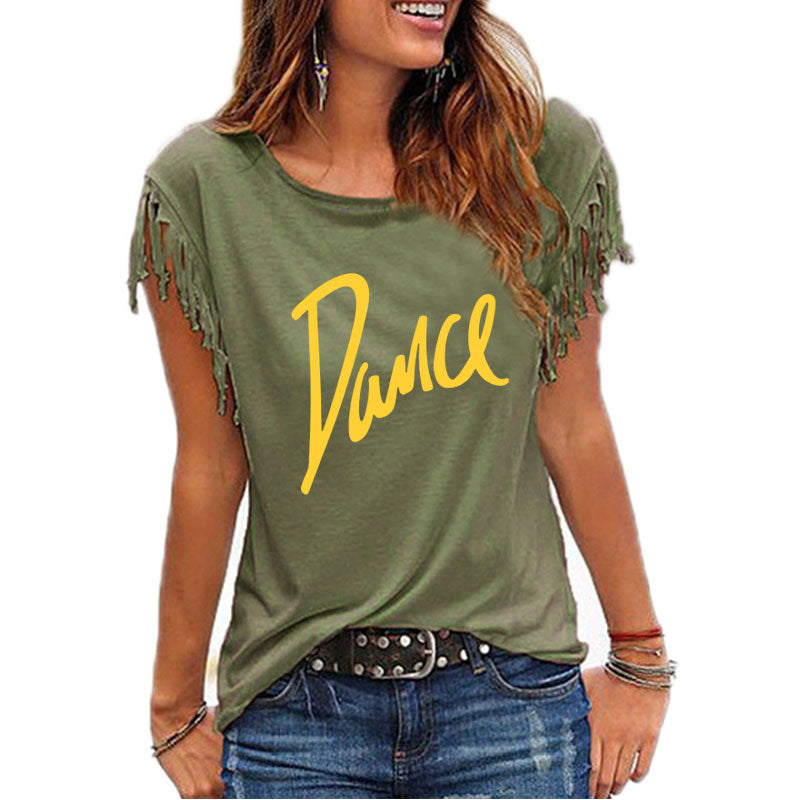 "Dance" Women's Cotton Tassel Casual T-shirt Loose