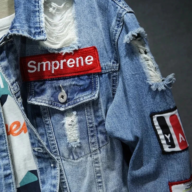 Men's Denim Streetwear Punk Motorcycle Ripped Print Cowboy jacket