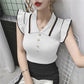 Women Turn-down Collar Knitted Sleeveless Ruffles T Shirt