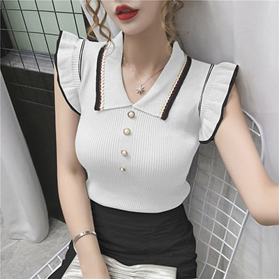 Women Turn-down Collar Knitted Sleeveless Ruffles T Shirt