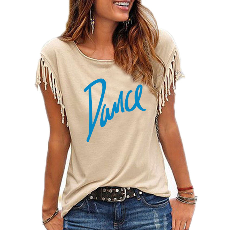 "Dance" Women's Cotton Tassel Casual T-shirt Loose