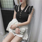 Women Turn-down Collar Knitted Sleeveless Ruffles T Shirt