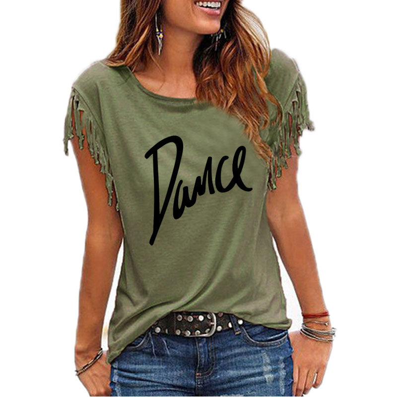 "Dance" Women's Cotton Tassel Casual T-shirt Loose