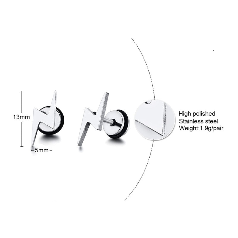 Mens Lightning Shaped Stud Earrings