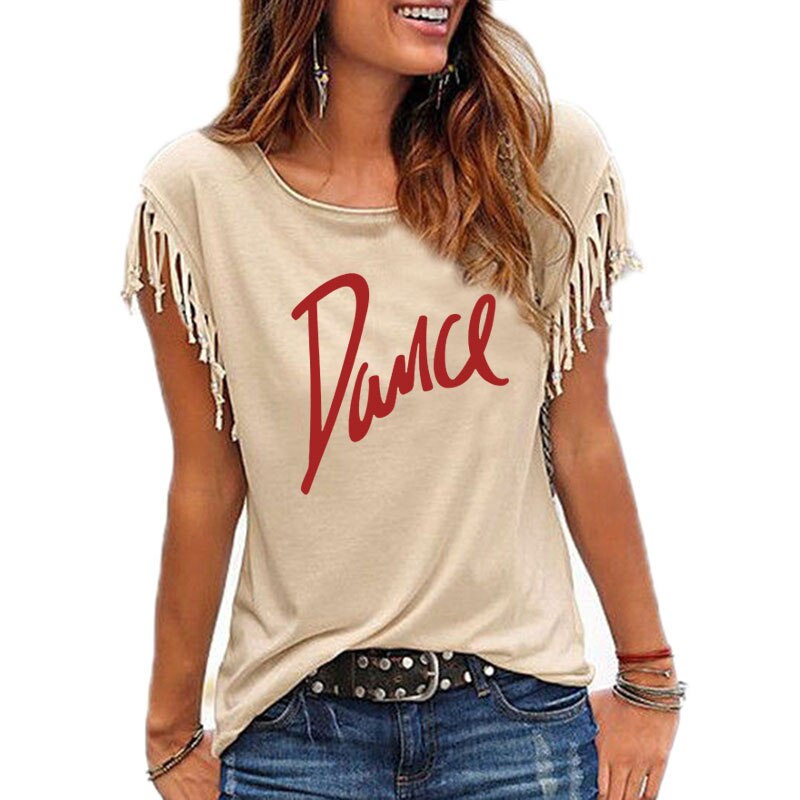 "Dance" Women's Cotton Tassel Casual T-shirt Loose