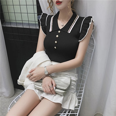 Women Turn-down Collar Knitted Sleeveless Ruffles T Shirt