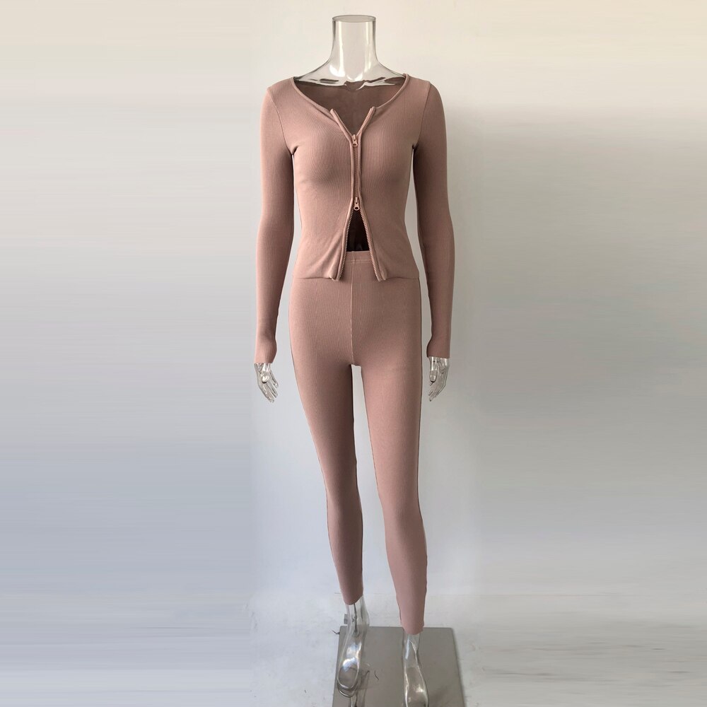 Women's Ribbed Tracksuits Double Zipper Shirts Tops & Stretchy Pants