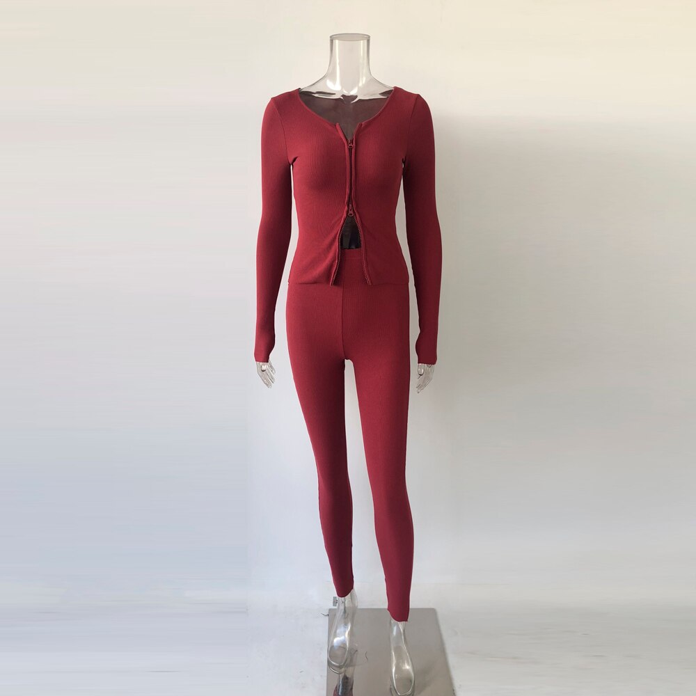 Women's Ribbed Tracksuits Double Zipper Shirts Tops & Stretchy Pants
