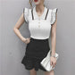 Women Turn-down Collar Knitted Sleeveless Ruffles T Shirt