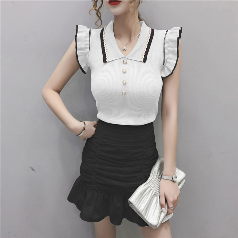 Women Turn-down Collar Knitted Sleeveless Ruffles T Shirt