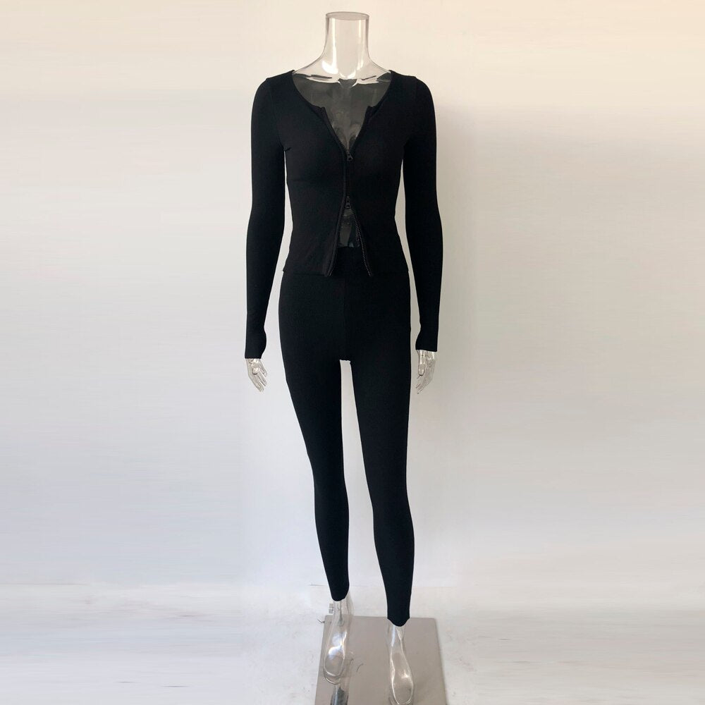 Women's Ribbed Tracksuits Double Zipper Shirts Tops & Stretchy Pants