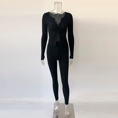 Women's Ribbed Tracksuits Double Zipper Shirts Tops & Stretchy Pants