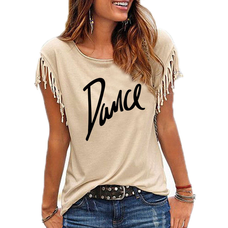 "Dance" Women's Cotton Tassel Casual T-shirt Loose