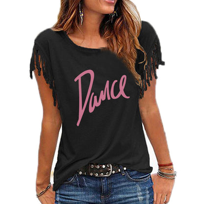 "Dance" Women's Cotton Tassel Casual T-shirt Loose