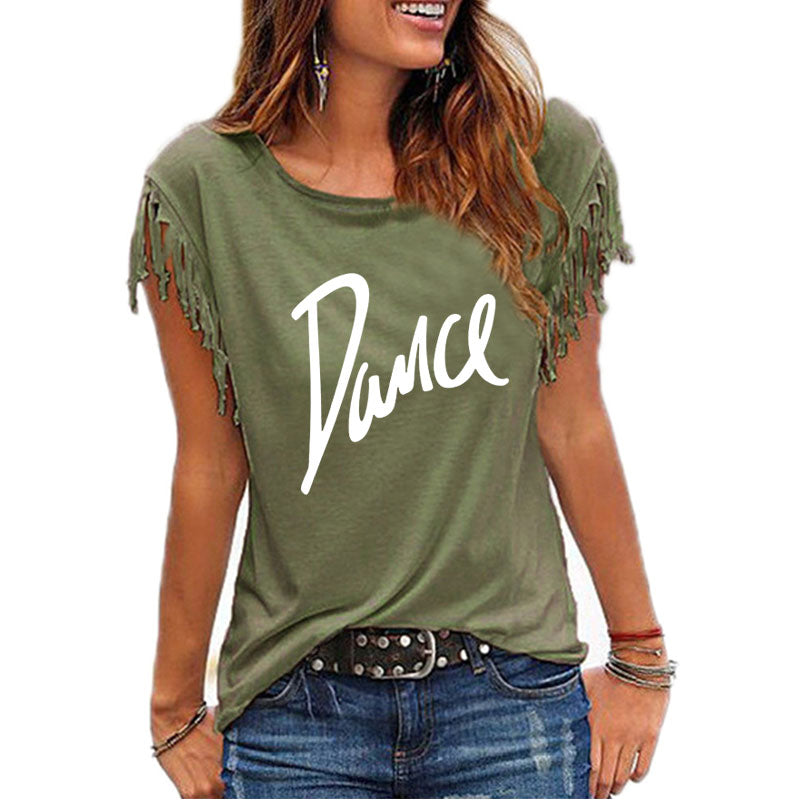 "Dance" Women's Cotton Tassel Casual T-shirt Loose