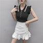 Women Turn-down Collar Knitted Sleeveless Ruffles T Shirt