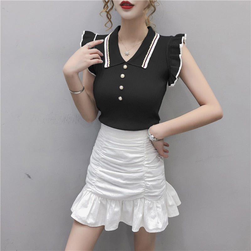 Women Turn-down Collar Knitted Sleeveless Ruffles T Shirt