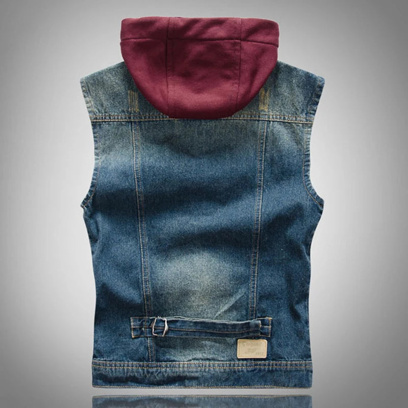 Men's casual Denim Hoodie Vest with detachable hood