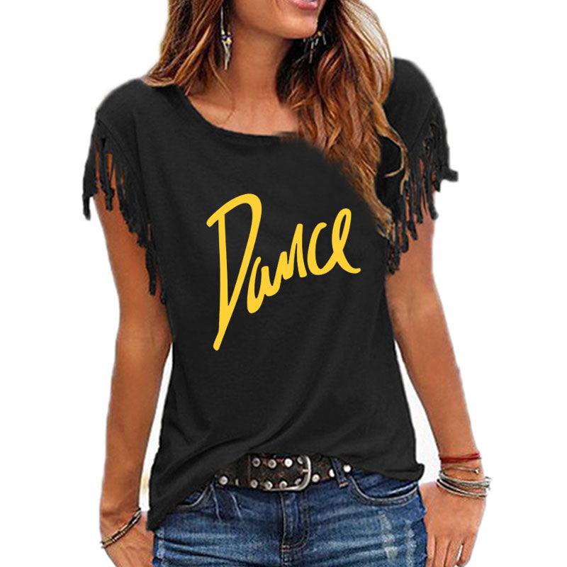"Dance" Women's Cotton Tassel Casual T-shirt Loose
