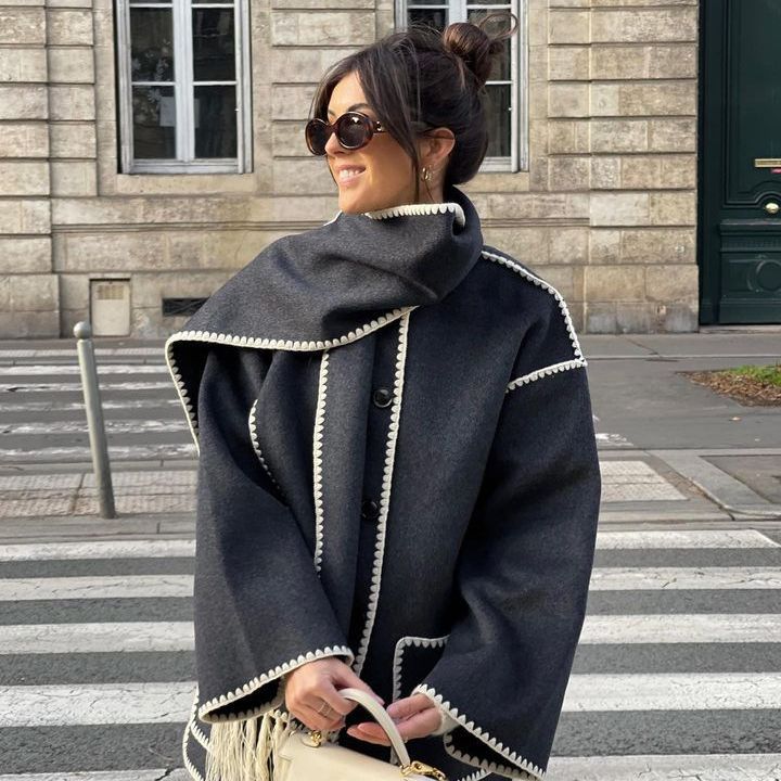 Women's Winter Woolen Coat with Scarf Tassel
