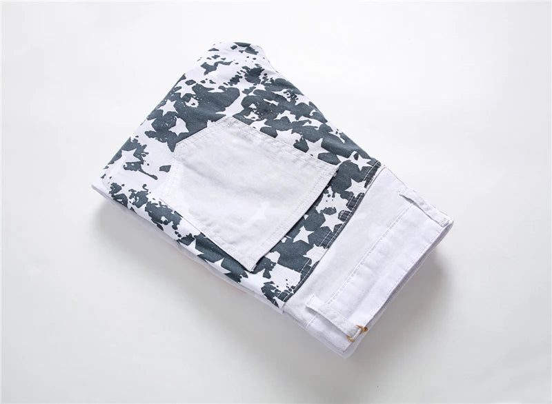 Men's Casual Printed Jeans Stretch Skinny Denim Jogger Pants