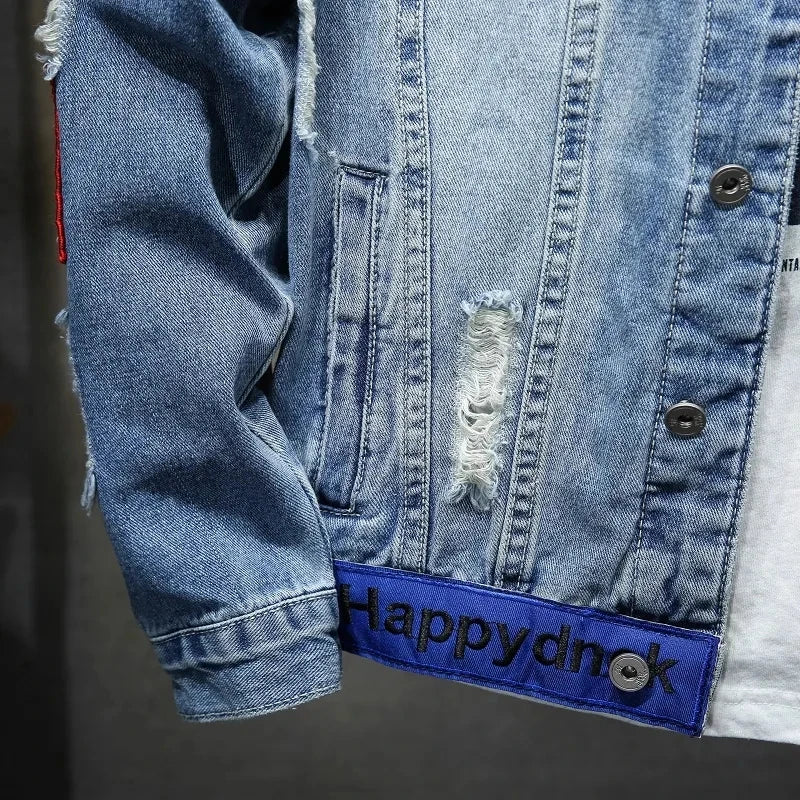 Men's Denim Streetwear Punk Motorcycle Ripped Print Cowboy jacket