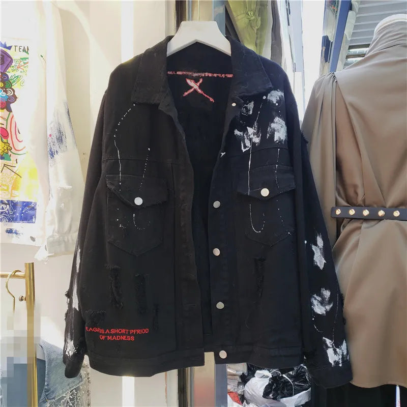 Hand Painted Character Graffiti Print Women's Denim Jacket/Female Streetwear