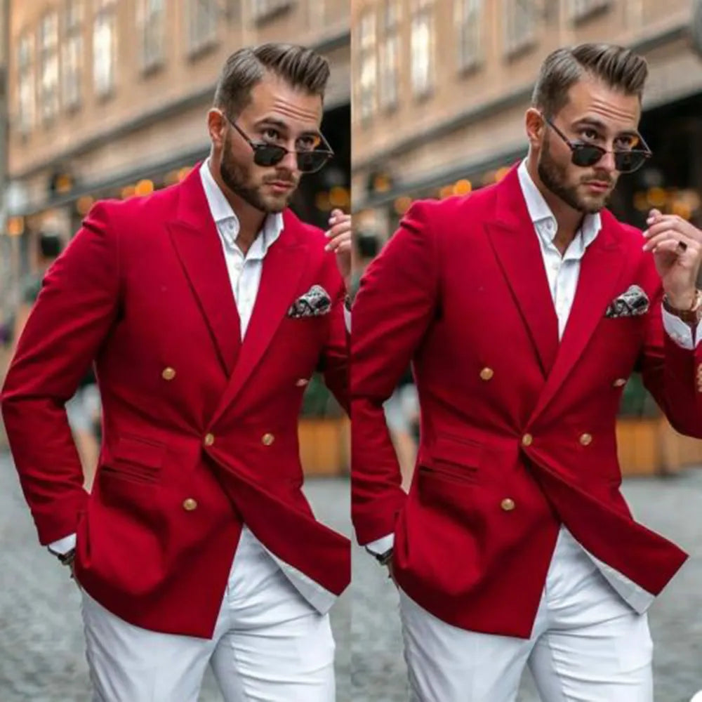 Men's Long Sleeve Tailored Collar Double Breasted Navy Suit Jacket
