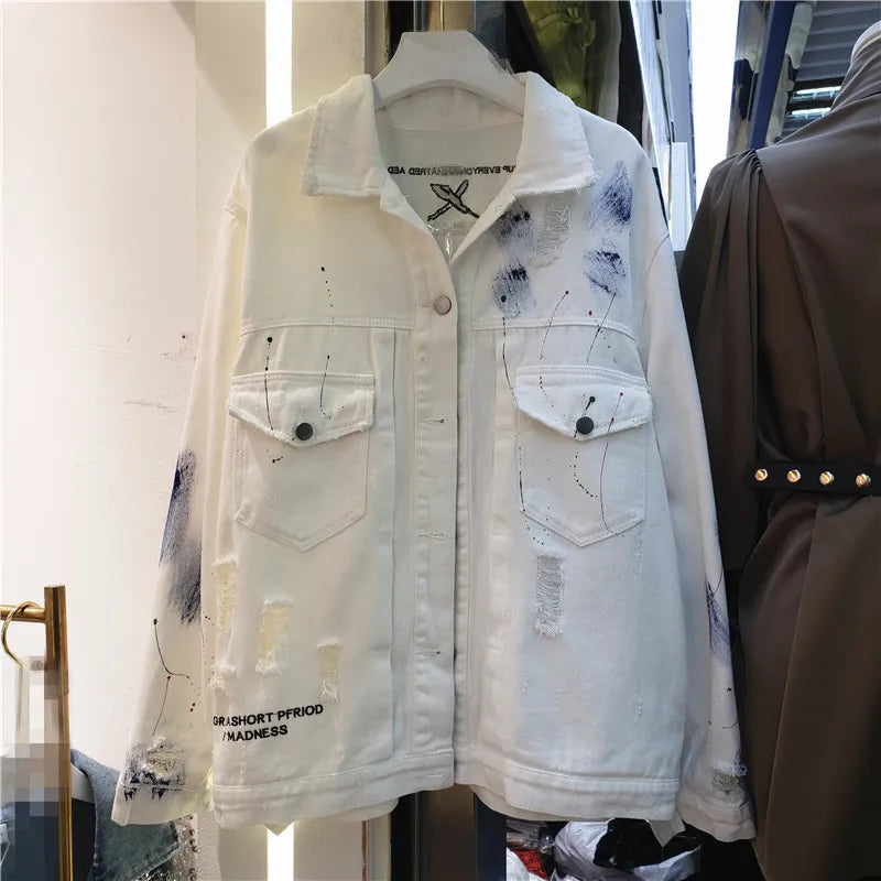 Hand Painted Character Graffiti Print Women's Denim Jacket/Female Streetwear