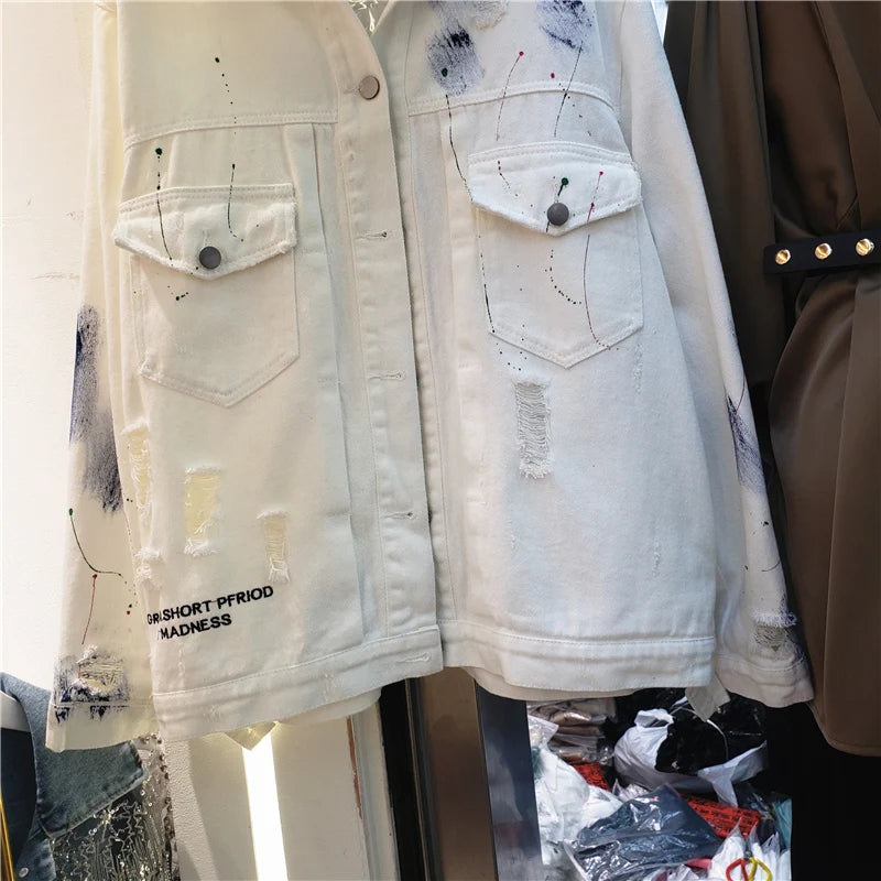 Hand Painted Character Graffiti Print Women's Denim Jacket/Female Streetwear