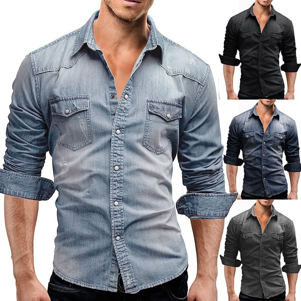 Men's Denim Long Sleeve Slim Cowboy Shirts