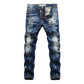 Retro Blue Slim Fit Elastic Ripped Jeans Men Punk Pants