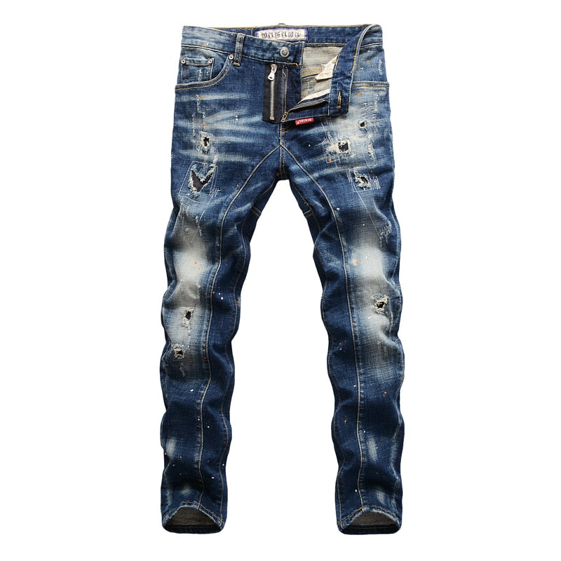 Retro Blue Slim Fit Elastic Ripped Jeans Men Punk Pants