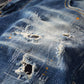 Retro Blue Slim Fit Elastic Ripped Jeans Men Punk Pants