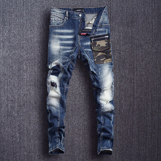 Camouflage Pocket Spliced Designer Ripped Jeans Streetwear