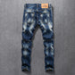 Retro Blue Slim Fit Elastic Ripped Jeans Men Punk Pants