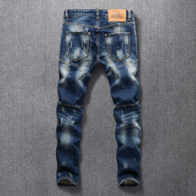 Retro Blue Slim Fit Elastic Ripped Jeans Men Punk Pants