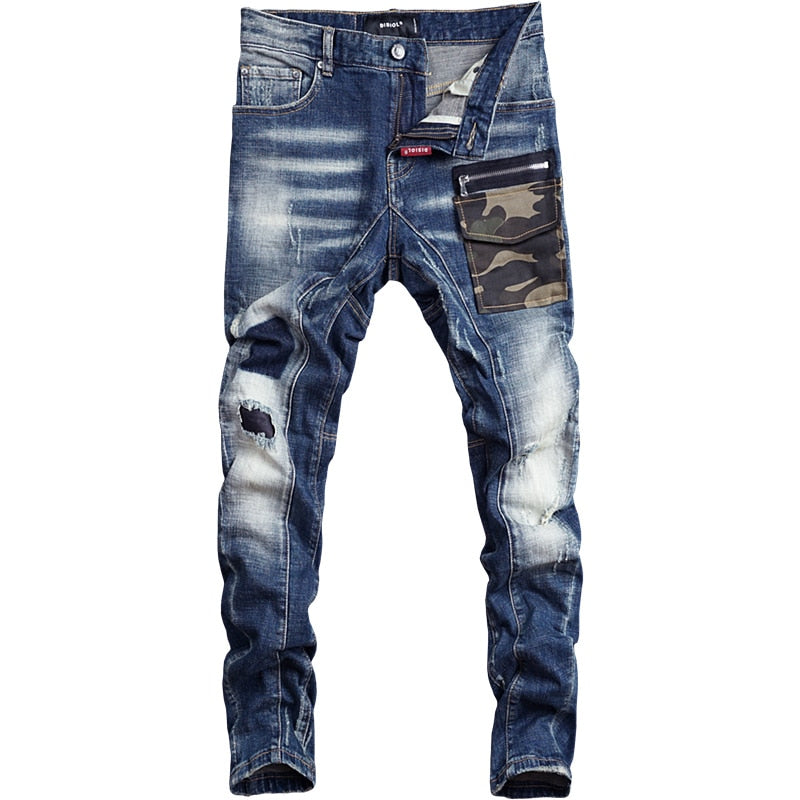 Camouflage Pocket Spliced Designer Ripped Jeans Streetwear