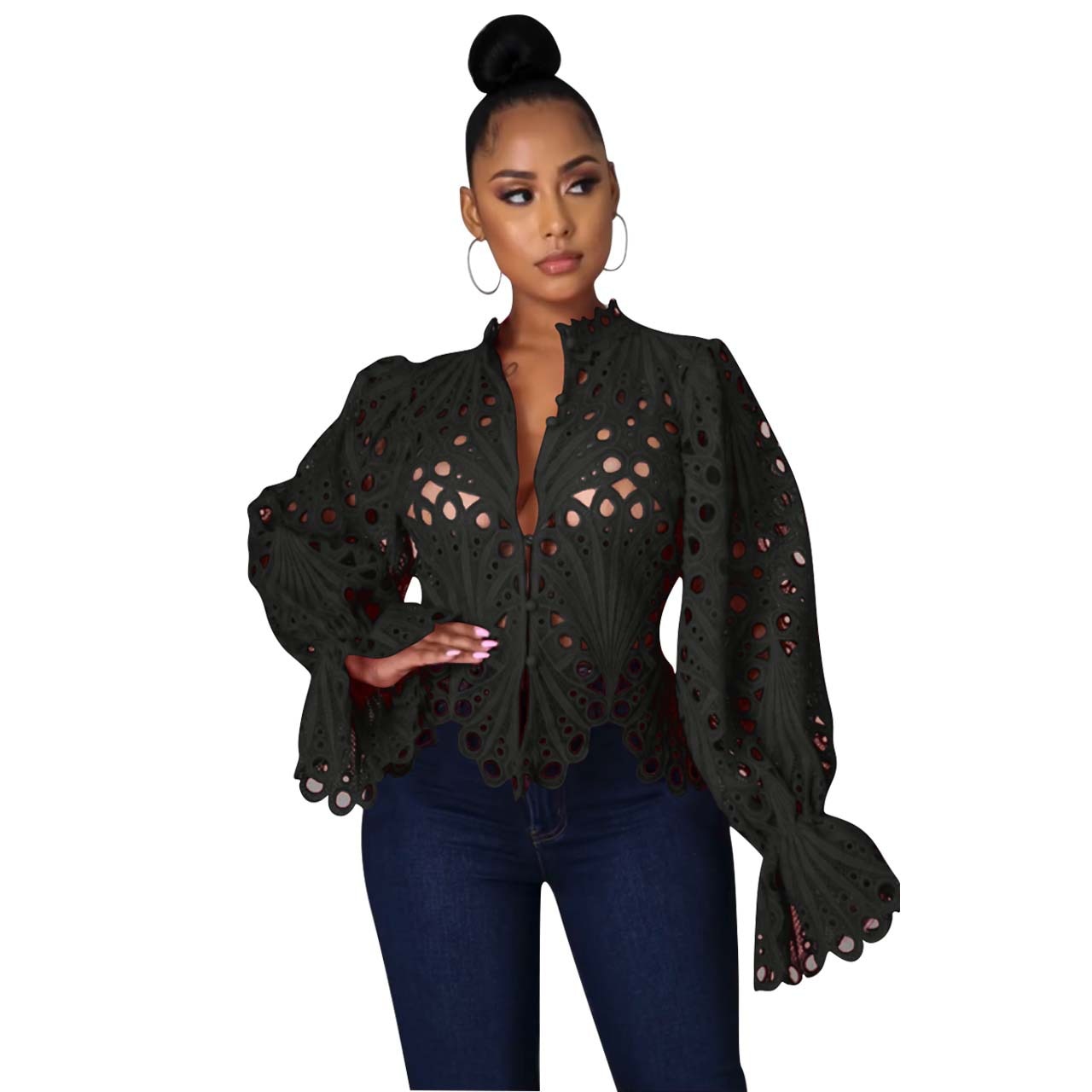 Women's Elegant Mesh Lace Long Sleeve Blouse - Sheer Hollow Out Top
