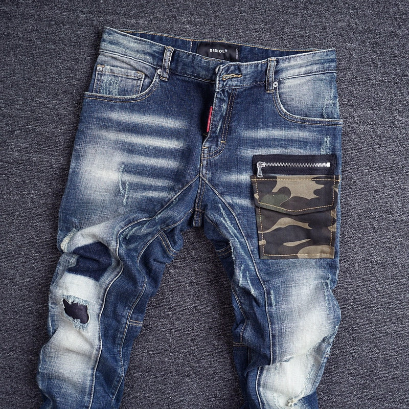 Camouflage Pocket Spliced Designer Ripped Jeans Streetwear