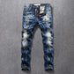 Retro Blue Slim Fit Elastic Ripped Jeans Men Punk Pants