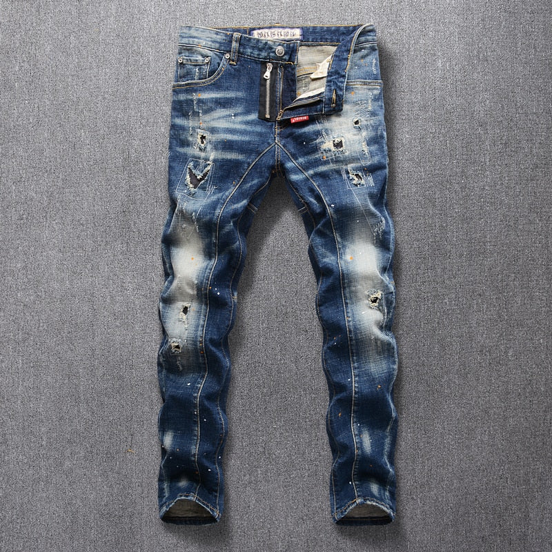 Retro Blue Slim Fit Elastic Ripped Jeans Men Punk Pants