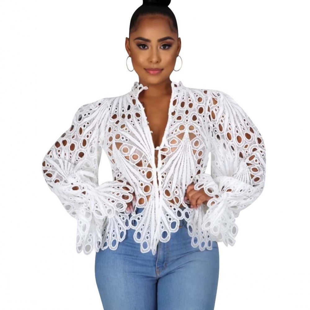 Women's Elegant Mesh Lace Long Sleeve Blouse - Sheer Hollow Out Top