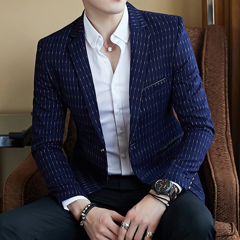Men's Slim Fit Business Casual Blazer - Striped Professional Jacket
