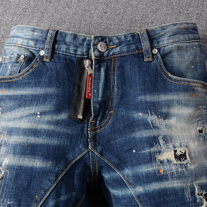 Retro Blue Slim Fit Elastic Ripped Jeans Men Punk Pants