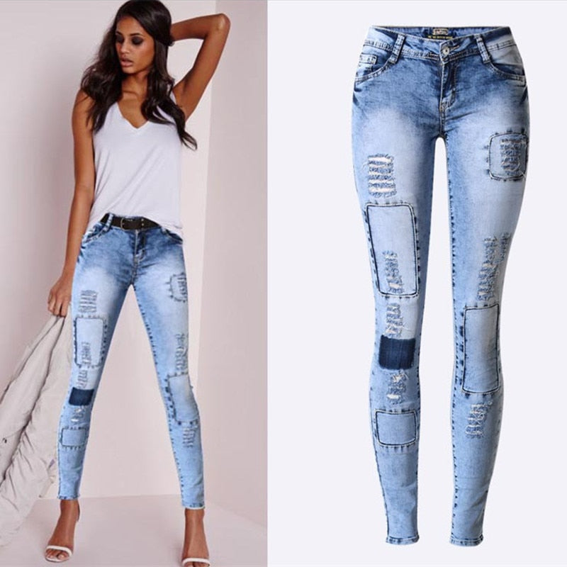Women's Ripped Skinny Slim Patchwork jeans