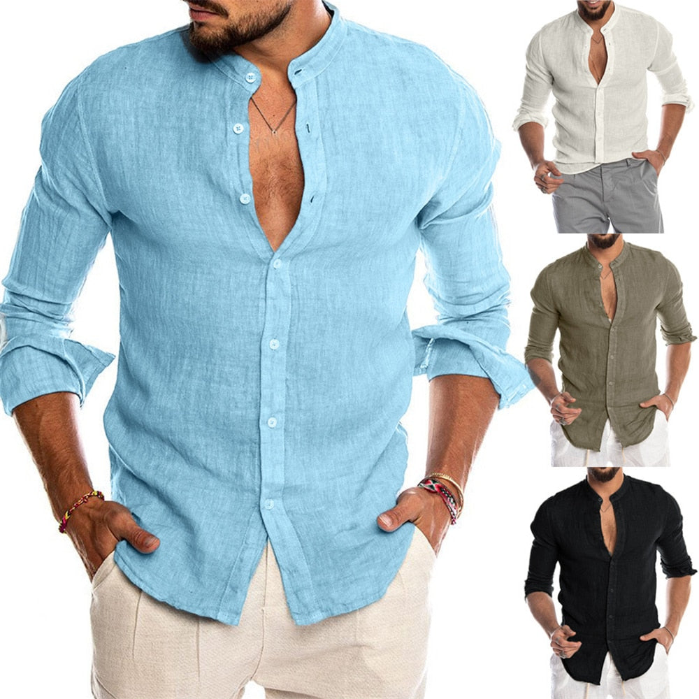 Casual Cotton Linen Men Shirts Long Sleeve Street Wear