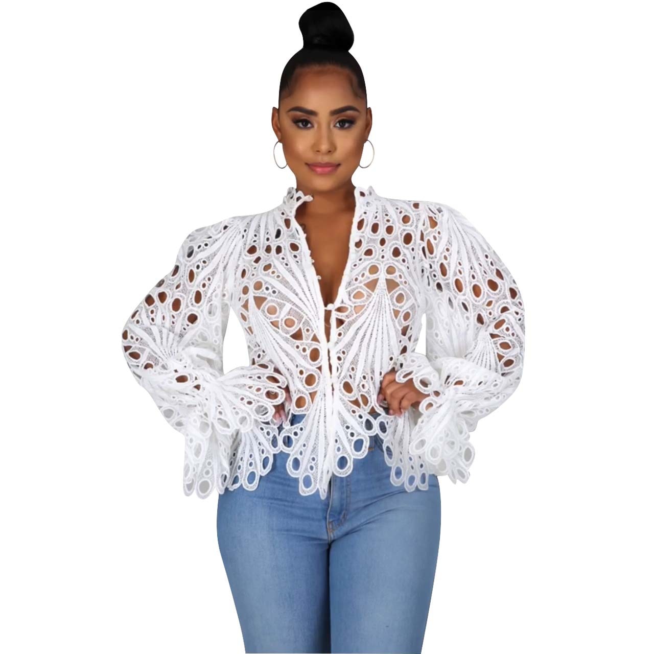 Women's Elegant Mesh Lace Long Sleeve Blouse - Sheer Hollow Out Top