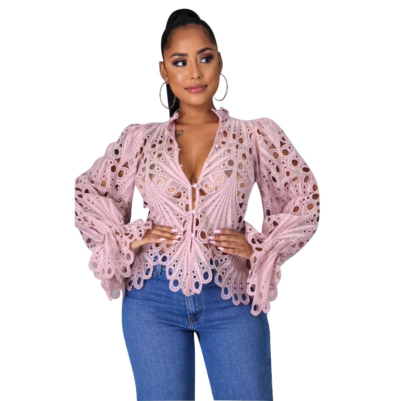 Women's Elegant Mesh Lace Long Sleeve Blouse - Sheer Hollow Out Top