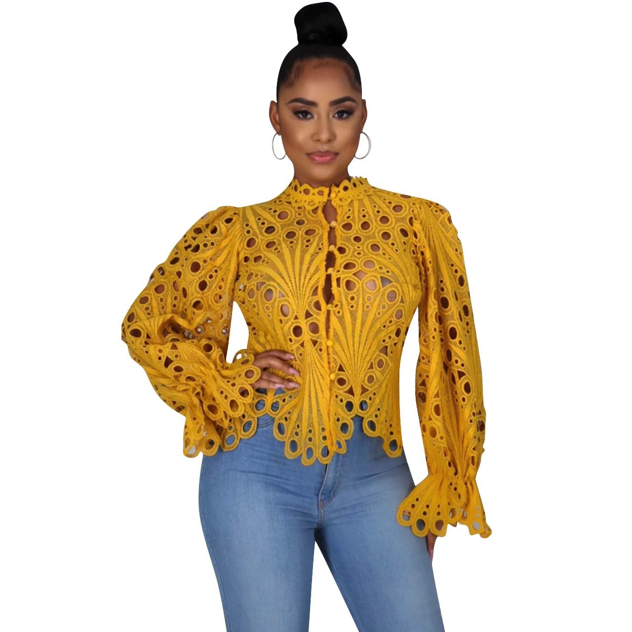 Women's Elegant Mesh Lace Long Sleeve Blouse - Sheer Hollow Out Top